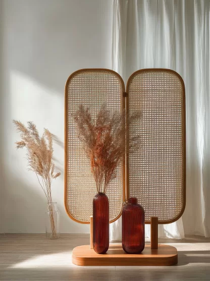 A rattan screen partition is used to block the entrance of the living room, directly facing the main entrance. It is a medieval folding and movable living room with a Japanese-style shielding effect - Image 5
