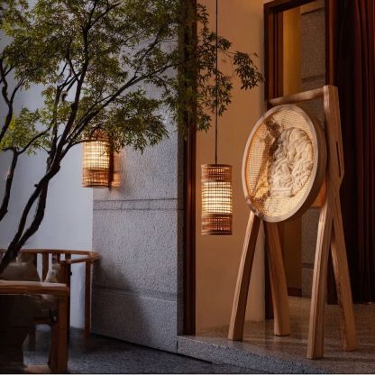 Xinzhong solid wood partition screen, gauze painting, custom partition lighting fixtures, storage racks, log style entrance screen lighting fixtures - Image 9