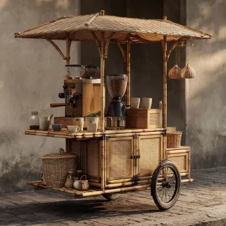 American retro solid wood mobile inverted three-wheeled food truck, coffee and bread promotion, street vending, night market, scenic area mobile vehicle