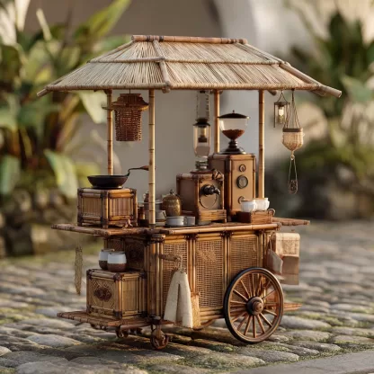 American retro solid wood mobile inverted three-wheeled food truck, coffee and bread promotion, street vending, night market, scenic area mobile vehicle
