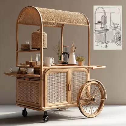 Outdoor wicker food carts, street vendors, mobile peddlers' carts, display carts, coffee shops, American retro style - Image 2