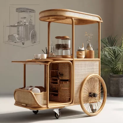 Outdoor wicker food carts, street vendors, mobile peddlers' carts, display carts, coffee shops, American retro style - Image 3