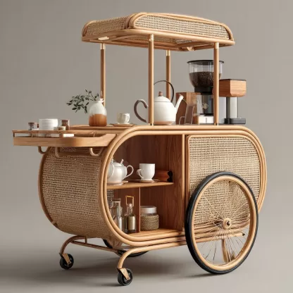 Outdoor wicker food carts, street vendors, mobile peddlers' carts, display carts, coffee shops, American retro style - Image 9