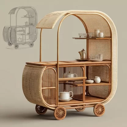 A tradition-style solid wood rattan mobile trolley for living room storage, a simple stainless steel snack rack for dining room, and a side table - Image 6