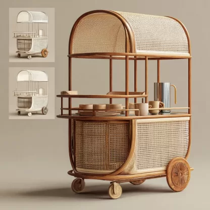 A tradition-style solid wood rattan mobile trolley for living room storage, a simple stainless steel snack rack for dining room, and a side table - Image 7