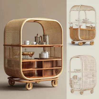 A tradition-style solid wood rattan mobile trolley for living room storage, a simple stainless steel snack rack for dining room, and a side table - Image 8