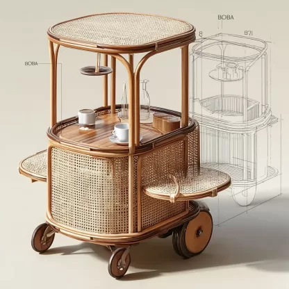 A tradition-style solid wood rattan mobile trolley for living room storage, a simple stainless steel snack rack for dining room, and a side table - Image 3