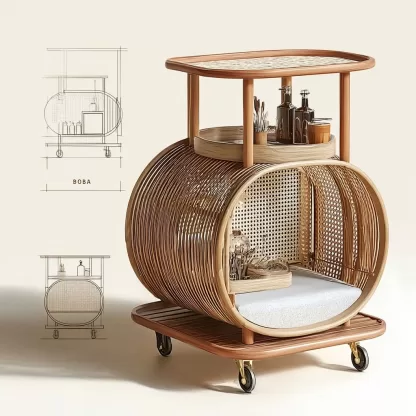 A tradition-style solid wood rattan mobile trolley for living room storage, a simple stainless steel snack rack for dining room, and a side table - Image 4