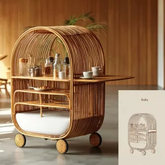 A tradition-style solid wood rattan mobile trolley for living room storage, a simple stainless steel snack rack for dining room, and a side table
