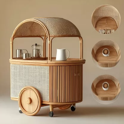 A tradition-style solid wood rattan mobile trolley for living room storage, a simple stainless steel snack rack for dining room, and a side table - Image 9