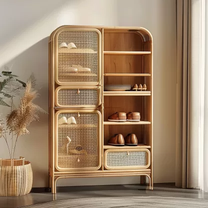 New Chinese-style creative solid wood rattan shoe cabinet for living room, tea room, study, high-end design sense shoe cabinet for bedroom, entrance hall - Image 2