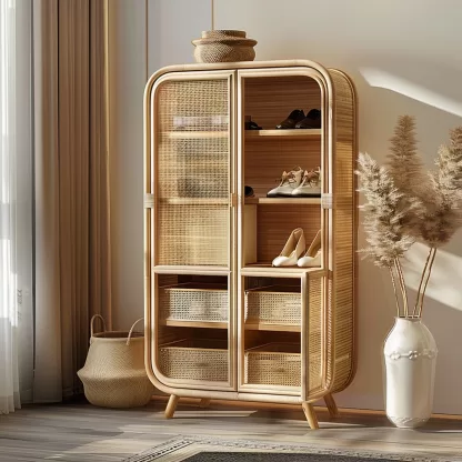 New Chinese-style creative solid wood rattan shoe cabinet for living room, tea room, study, high-end design sense shoe cabinet for bedroom, entrance hall - Image 3