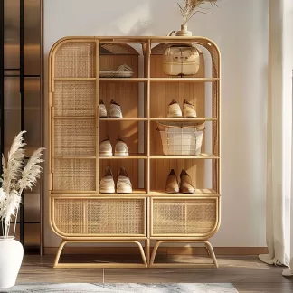 New Chinese-style creative solid wood rattan shoe cabinet, modern and simple design sense, entrance cabinet, room entrance storage and storage