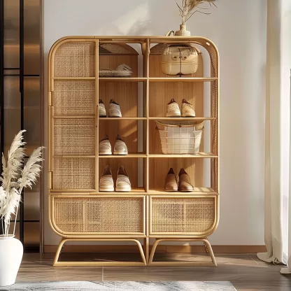 New Chinese-style creative solid wood rattan shoe cabinet for living room, tea room, study, high-end design sense shoe cabinet for bedroom, entrance hall - Image 4