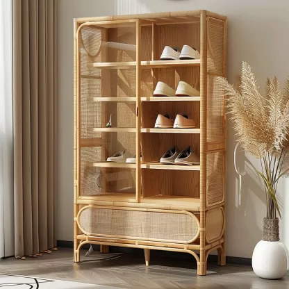 Wabi-sabi style rattan shoe cabinet, household door storage cabinet, storage cabinet, elm storage, multi-functional door external display - Image 2