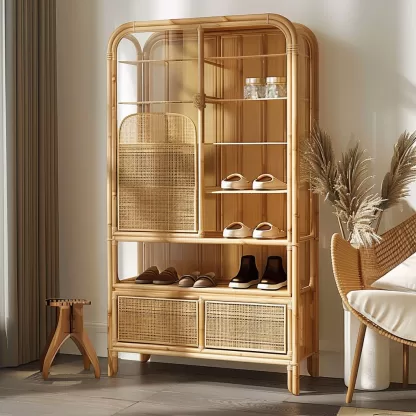 Wabi-sabi style rattan shoe cabinet, household door storage cabinet, storage cabinet, elm storage, multi-functional door external display - Image 3