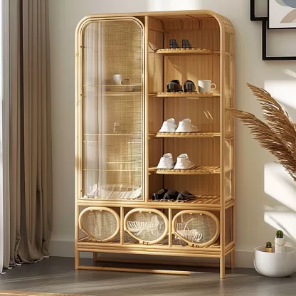 Wabi-sabi style rattan shoe cabinet, household door storage cabinet, storage cabinet, elm storage, multi-functional door external display - Image 4