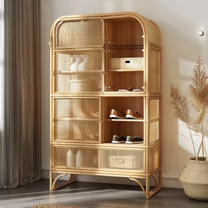 Wabi-sabi style rattan shoe cabinet, household door storage cabinet, storage cabinet, elm storage, multi-functional door external display - Image 5