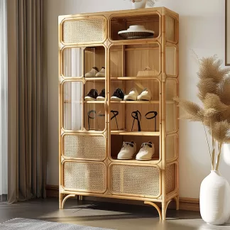 Wabi-sabi style rattan shoe cabinet, household door storage cabinet, storage cabinet, storage cabinet, antique style all-rattan multi-layer