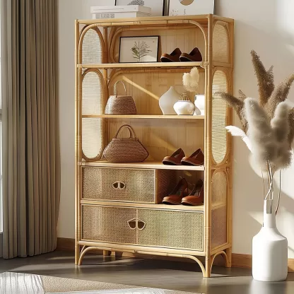 Wabi-sabi style rattan shoe cabinet, household door storage cabinet, storage cabinet, storage cabinet, antique style all-rattan multi-layer - Image 7