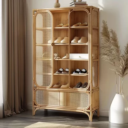 Wabi-sabi style rattan shoe cabinet, household door storage cabinet, storage cabinet, storage cabinet, antique style all-rattan multi-layer - Image 9