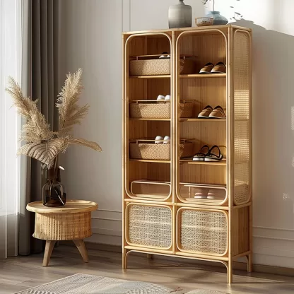 New Chinese-style creative solid wood rattan shoe cabinet for living room, tea room, study, high-end design sense shoe cabinet for bedroom, entrance hall - Image 2