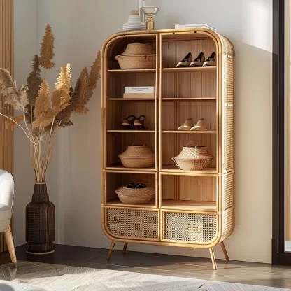 New Chinese-style creative solid wood rattan shoe cabinet for living room, tea room, study, high-end design sense shoe cabinet for bedroom, entrance hall - Image 3