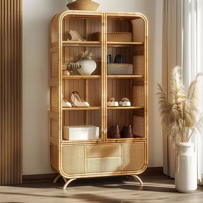 New Chinese-style creative solid wood rattan shoe cabinet for living room, tea room, study, high-end design sense shoe cabinet for bedroom, entrance hall - Image 4