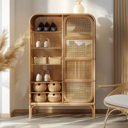 Wabi-sabi style rattan shoe cabinet, household door entrance foyer storage cabinet, living room wall storage cabinet - Image 9