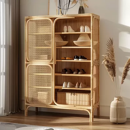 Wabi-sabi style rattan shoe cabinet, household door storage cabinet, storage cabinet, storage cabinet, antique style all-rattan multi-layer - Image 3