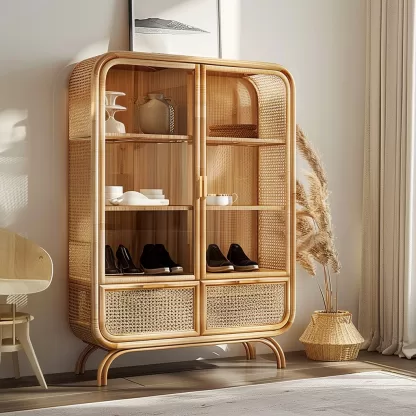 Wabi-sabi style rattan shoe cabinet, household door storage cabinet, storage cabinet, storage cabinet, antique style all-rattan multi-layer - Image 4