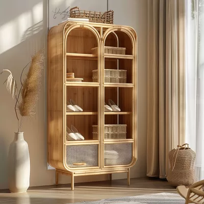 Wabi-sabi style rattan shoe cabinet, household door storage cabinet, storage cabinet, storage cabinet, antique style all-rattan multi-layer - Image 5