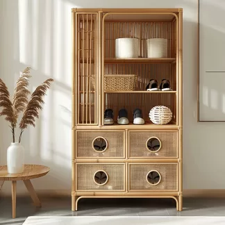 New Chinese-style creative solid wood rattan shoe cabinet for living room, tea room, study, high-end design sense shoe cabinet for bedroom, entrance hall