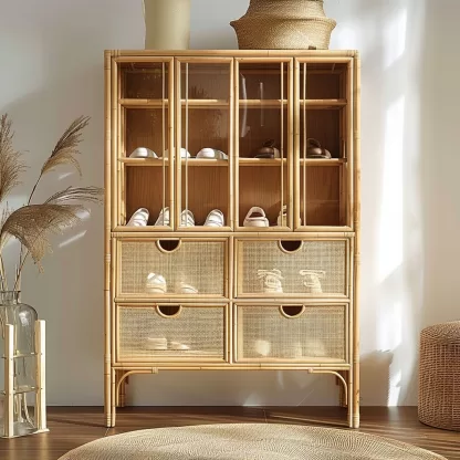 New Chinese-style creative solid wood rattan shoe cabinet for living room, tea room, study, high-end design sense shoe cabinet for bedroom, entrance hall - Image 8