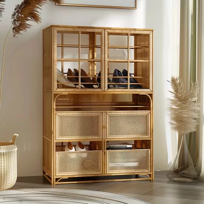 New Chinese-style creative solid wood rattan shoe cabinet for living room, tea room, study, high-end design sense shoe cabinet for bedroom, entrance hall - Image 9
