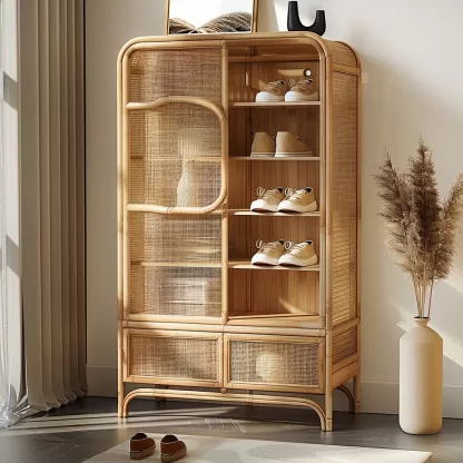 Wabi-sabi style rattan shoe cabinet, household door storage cabinet, storage cabinet, shelving cabinet, small-sized Japanese-style storage rack - Image 4