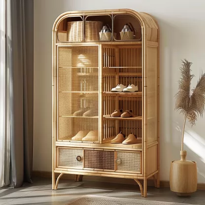 Wabi-sabi style rattan shoe cabinet, household door storage cabinet, storage cabinet, shelving cabinet, small-sized Japanese-style storage rack - Image 5