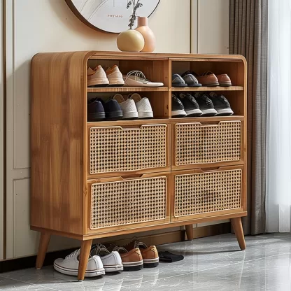New Chinese-style creative solid wood rattan shoe cabinet for living room, tea room, study, high-end design sense shoe cabinet for bedroom, entrance hall - Image 2