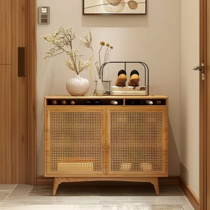 New Chinese-style creative solid wood rattan shoe cabinet for living room, tea room, study, high-end design sense shoe cabinet for bedroom, entrance hall - Image 3