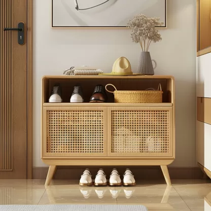 New Chinese-style creative solid wood rattan shoe cabinet for living room, tea room, study, high-end design sense shoe cabinet for bedroom, entrance hall - Image 4