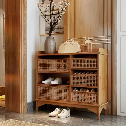 New Chinese-style creative solid wood rattan shoe cabinet for living room, tea room, study, high-end design sense shoe cabinet for bedroom, entrance hall - Image 5