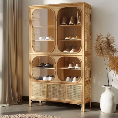 Wabi-sabi style solid wood rattan woven shoe cabinet, household entrance foyer cabinet, living room storage cabinet, multi-functional storage cabinet - Image 2