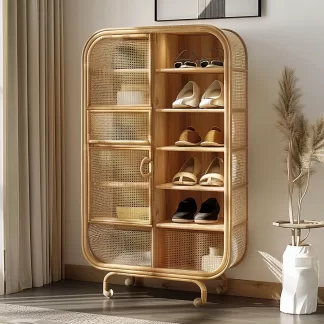 New Chinese-style creative solid wood rattan shoe cabinet for living room, tea room, study, high-end design sense shoe cabinet for bedroom, entrance hall