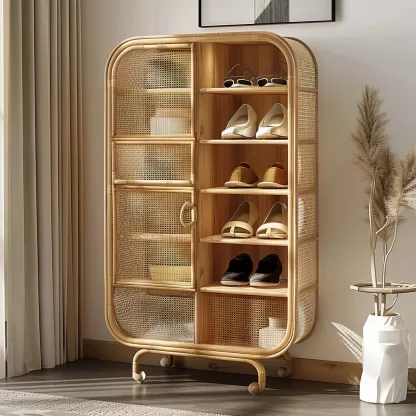 New Chinese-style creative solid wood rattan shoe cabinet for living room, tea room, study, high-end design sense shoe cabinet for bedroom, entrance hall