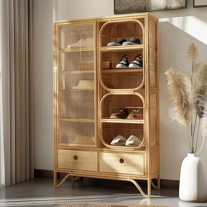 Wabi-sabi style solid wood rattan woven shoe cabinet, household entrance foyer cabinet, living room storage cabinet, multi-functional storage cabinet - Image 3