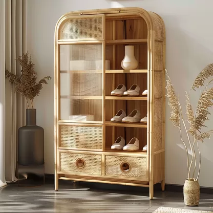 Wabi-sabi style solid wood rattan woven shoe cabinet, household entrance foyer cabinet, living room storage cabinet, multi-functional storage cabinet - Image 4