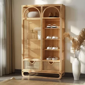 Wabi-sabi style solid wood rattan woven shoe cabinet, household entrance foyer cabinet, living room storage cabinet, multi-functional storage cabinet