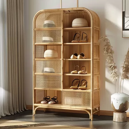 Wabi-sabi style solid wood rattan woven shoe cabinet, household entrance foyer cabinet, living room storage cabinet, multi-functional storage cabinet - Image 6