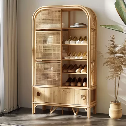 Wabi-sabi style solid wood rattan woven shoe cabinet, household entrance foyer cabinet, living room storage cabinet, multi-functional storage cabinet - Image 7
