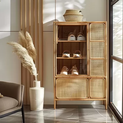 New Chinese-style creative solid wood rattan shoe cabinet, modern and simple design sense, entrance cabinet, room entrance storage and storage - Image 8
